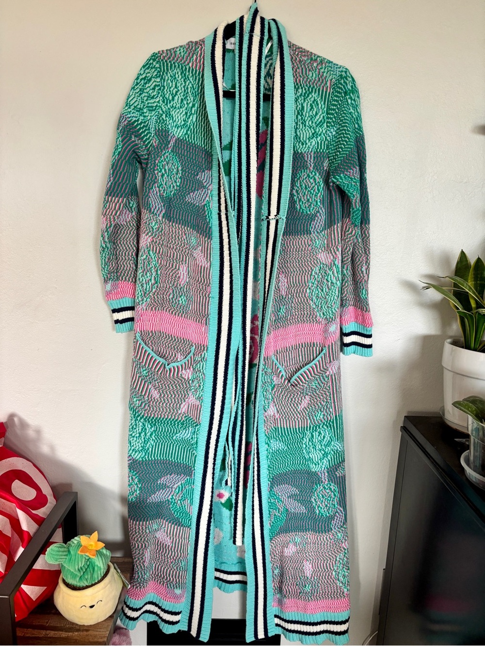 Striped Long Knit Cardigan in Teal & Pink